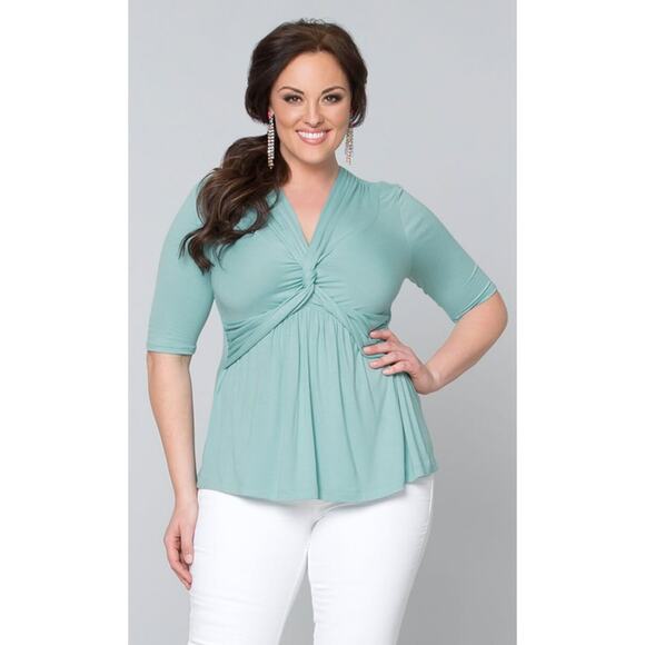 Kiyonna Top 5X Aqua Blue Caycee Twist Empire Waistline Twist Front Slimming - Picture 1 of 5